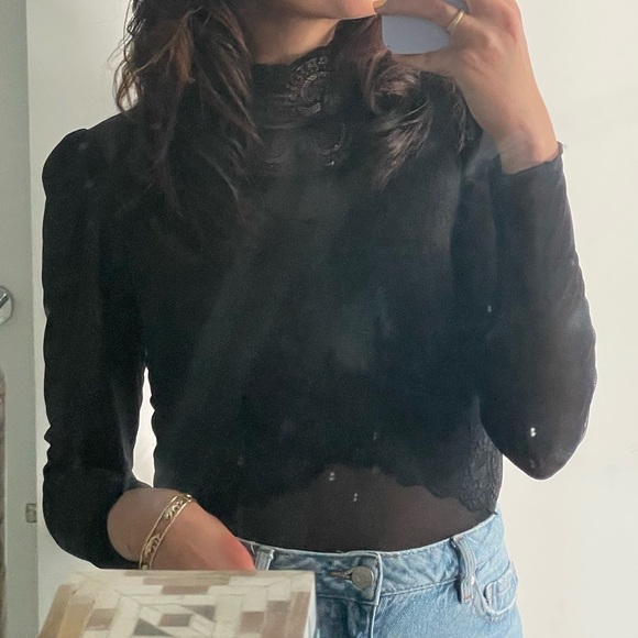 Black mesh bodysuit puff shoulder - Picture 3 of 5